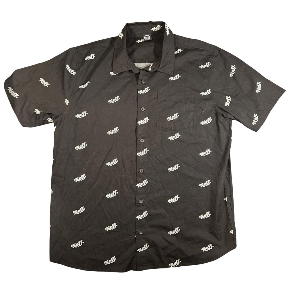 Neff Shirt Mens Extra Large Black Short Sleeve Button Up Allover Logo Print